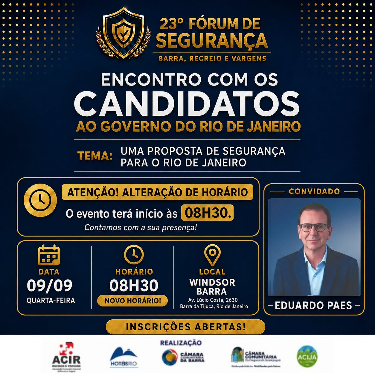 Arte oficial do 23º Fórum de Segurança — encontro com Eduardo Paes, em 9 de setembro, no Windsor Barra
